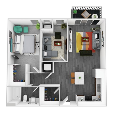 Floor plan for 1 bed, 1 bath, 838 sqft